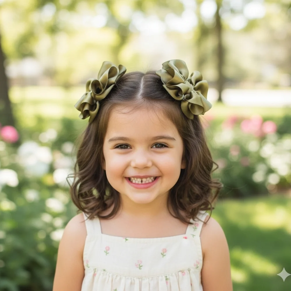 Pair Of Voluminous Olive Green Pompom Hair Bows For Girls.🎀✨